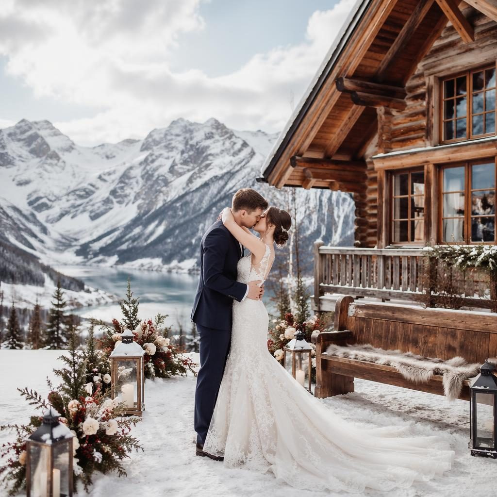 Couple sharing a first kiss outside a snow-covered alpine chalet, with soft pastel light and burgundy and gold styling.