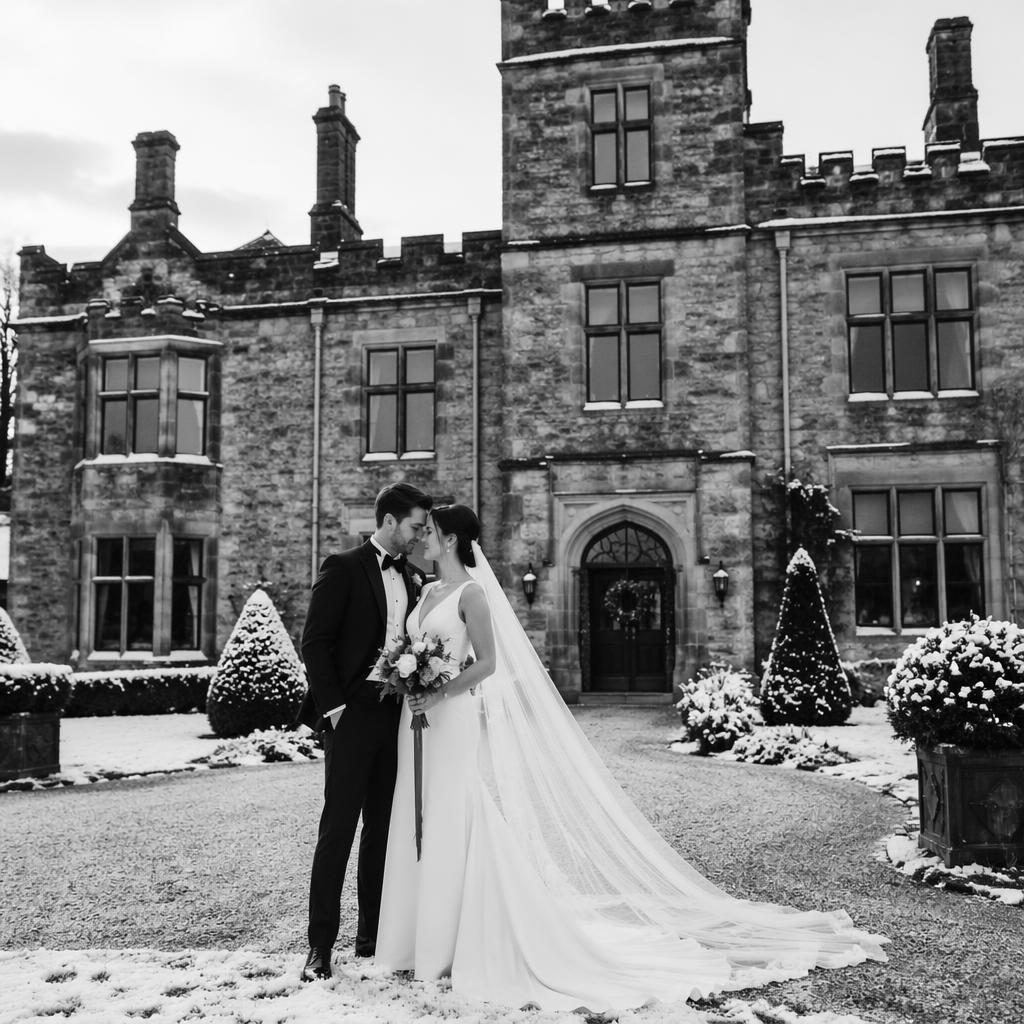 Black and white winter wedding portrait of a couple at a château with papel picado details and natural light.