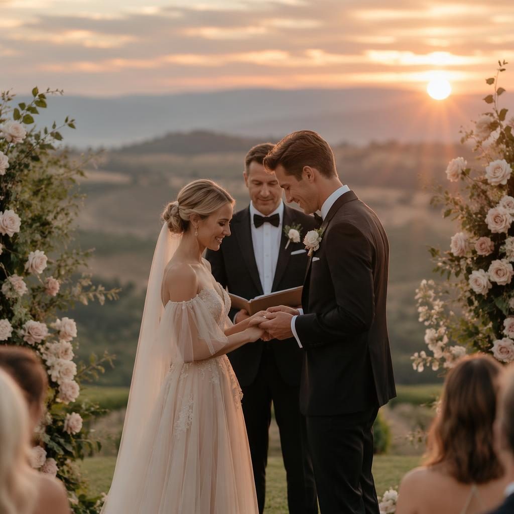 Couple exchanging rings on a cliffside overlooking the ocean in winter, soft blush and cream tones, candid wedding style
