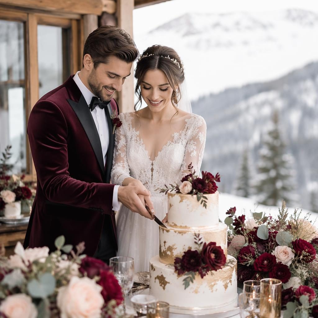 Pareja genérica cortando el pastel de boda en un chalet alpino nevado, con luz natural y tonos burdeos y dorado.