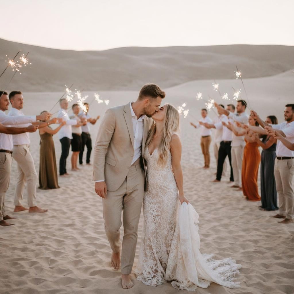 Bride and groom with guests holding sparklers on desert sand dunes at dusk, light airy wedding scene in cool winter tones