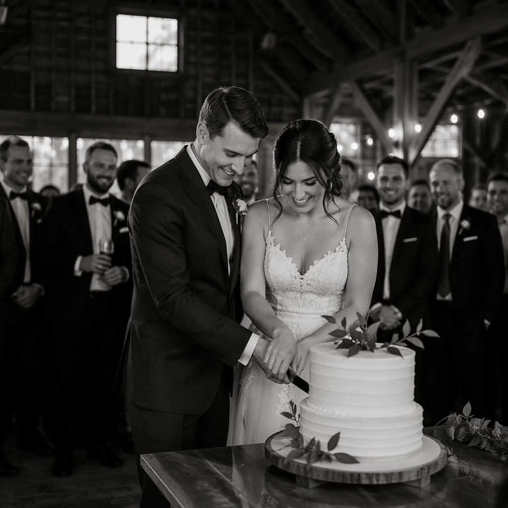 Marié et garçons d'honneur près du gâteau dans une grange rustique en hiver, photo de mariage noir et blanc.