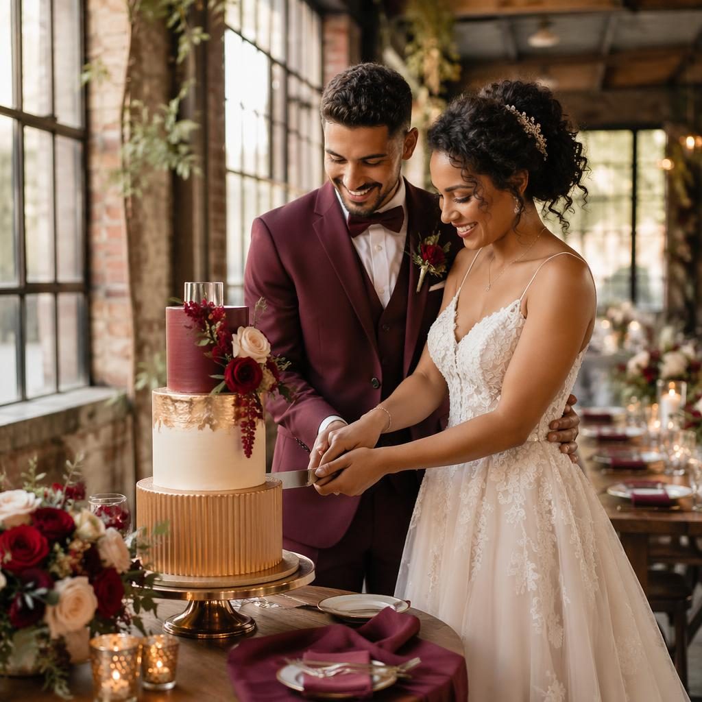 Couple cutting wedding cake in an urban industrial loft with burgundy and gold decor, soft pastel light, autumn styling.