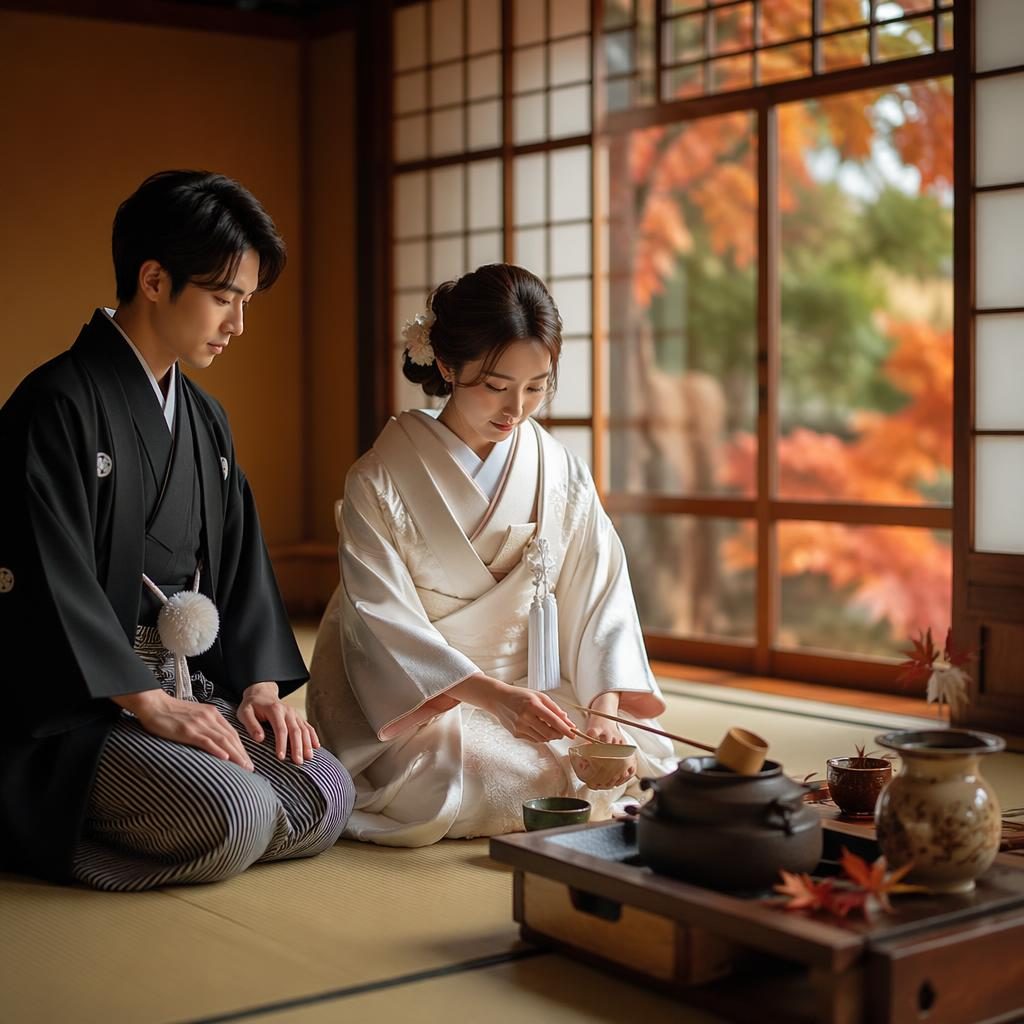 Reception details in an elegant autumn ballroom with dusty rose decor, cinematic lighting, and Japanese ryokan tea ceremony styling