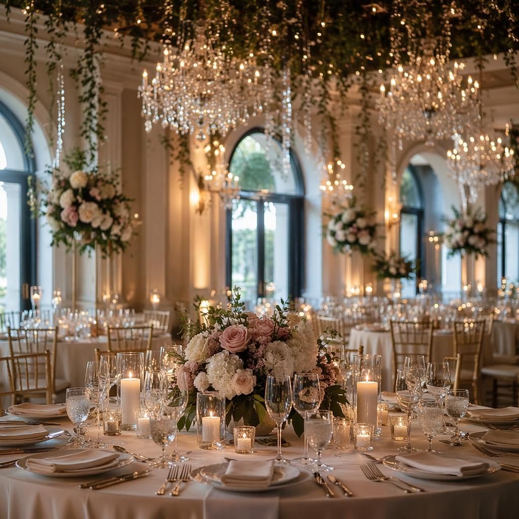 Elegant ballroom wedding reception details in dusty rose tones with cinematic styling and Icelandic black sand-inspired drama.