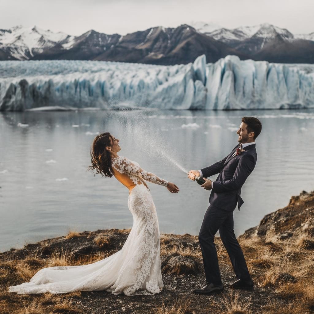 Hochzeitsempfang am minimalistischen Wüsteneingang vor dramatischem patagonischem Gletscher in Burgunder und Gold