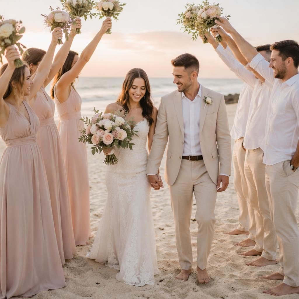 Wedding party group portrait at a barefoot beach ceremony during sunset, with blush and cream styling and candid natural light.