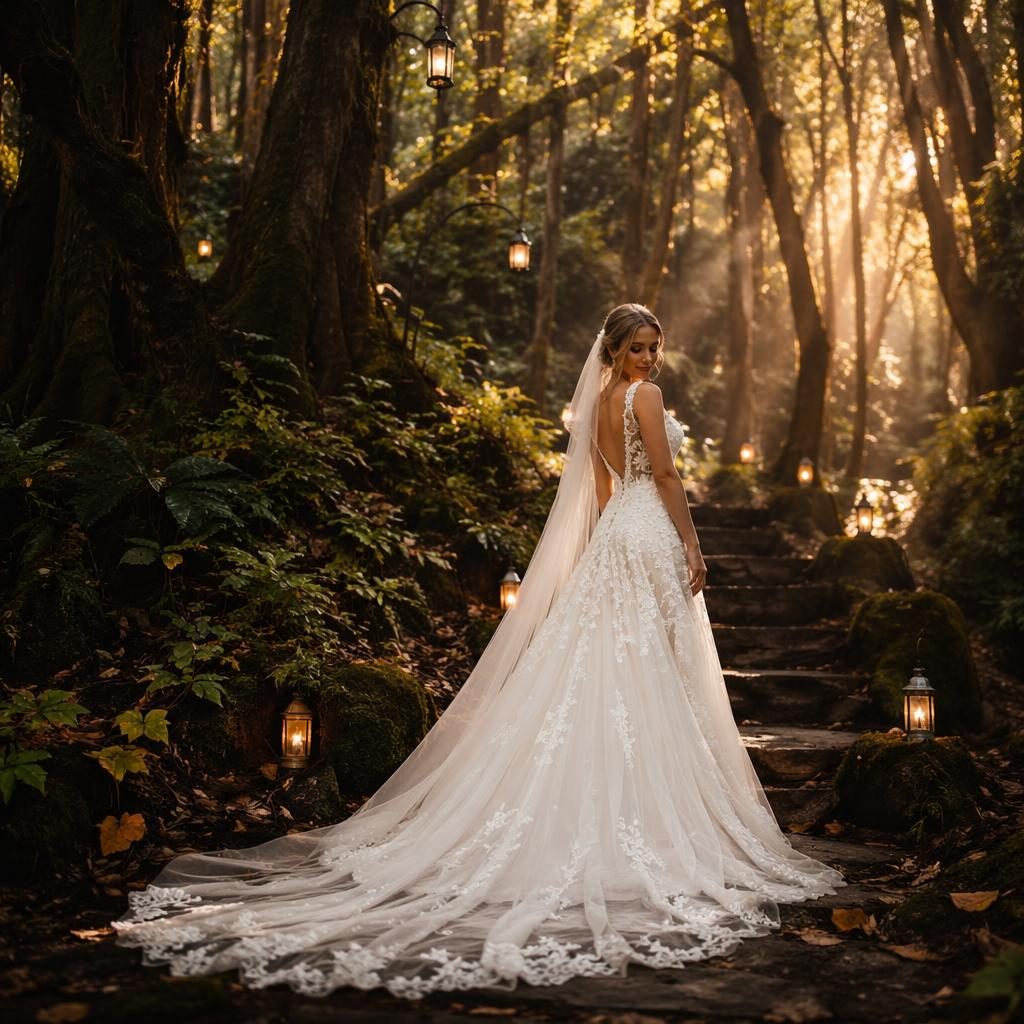 Braut beim Fertigmachen in einem märchenhaften Waldresort, warmes Abendlicht, dunkle stimmungsvolle Hochzeitsfotografie