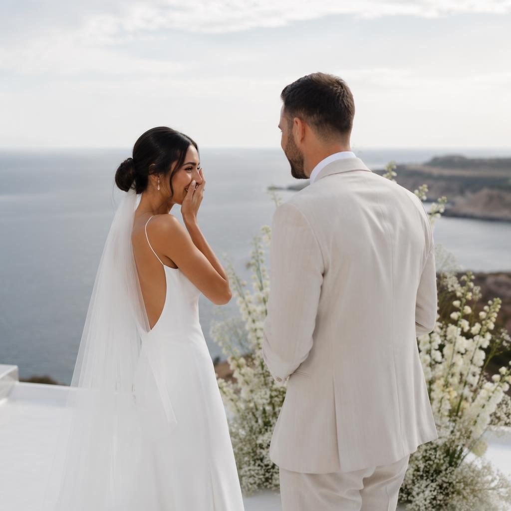 Brautpaar beim First Look an einer Klippe am Meer, moderne weiße Trauung, natürliche Hochzeitsreportage in Blush und Creme