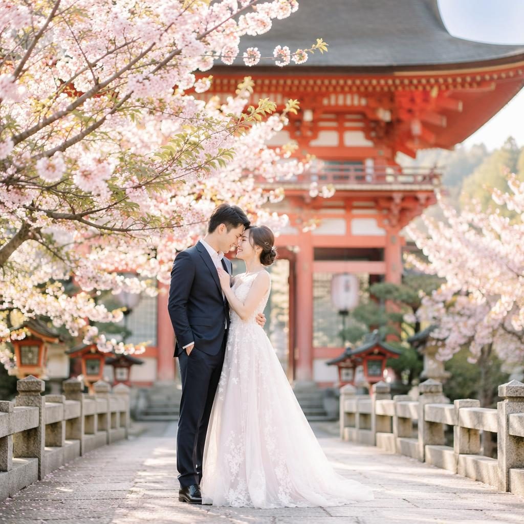 Couple with sparklers at a Kyoto temple under cherry blossoms, airy wedding portrait with soft winter-toned light