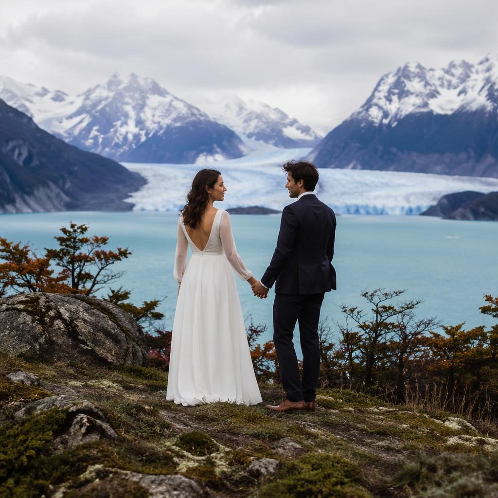 Couple sharing a first look in an autumn vineyard with a dramatic Patagonia glacier backdrop, natural light and film style