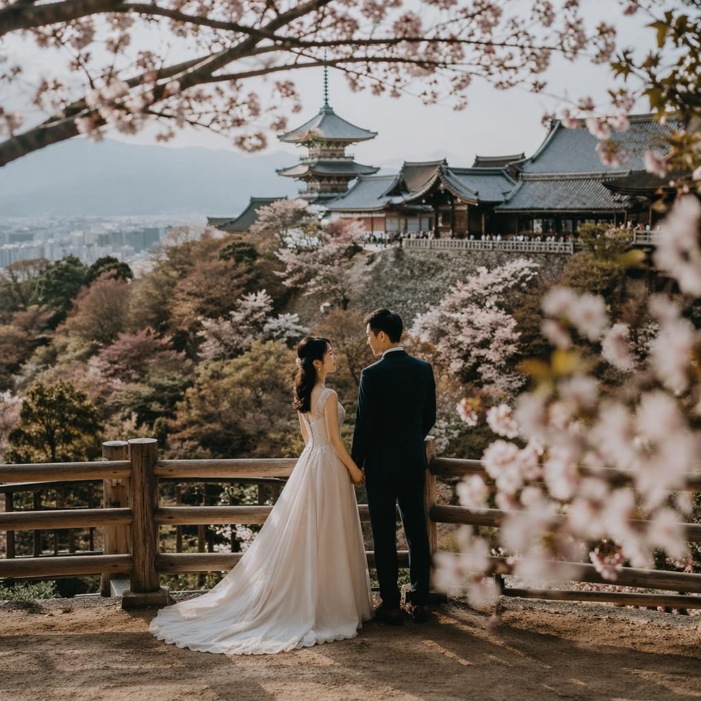 Pareja de novios en un templo de Kioto entre cerezos en flor, luz natural y estilo fotográfico editorial.