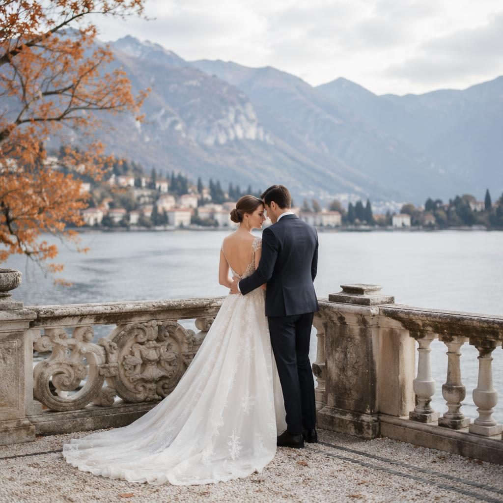 Couple at a Lake Como villa balcony entrance with minimalist desert styling, airy light, and cool winter tones.