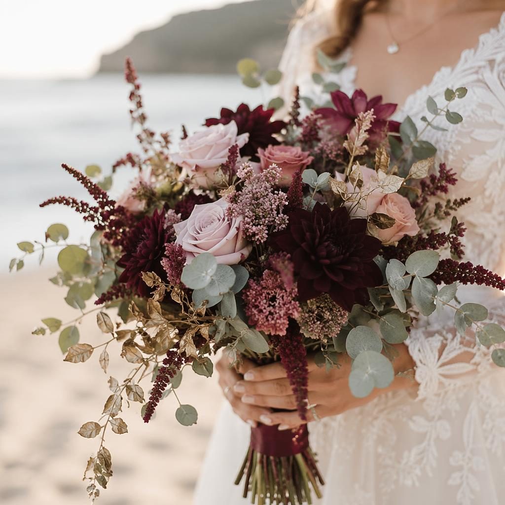 Primer plano de ramo floral en ceremonia de boda en la playa, tonos burdeos y dorado, luz natural suave.