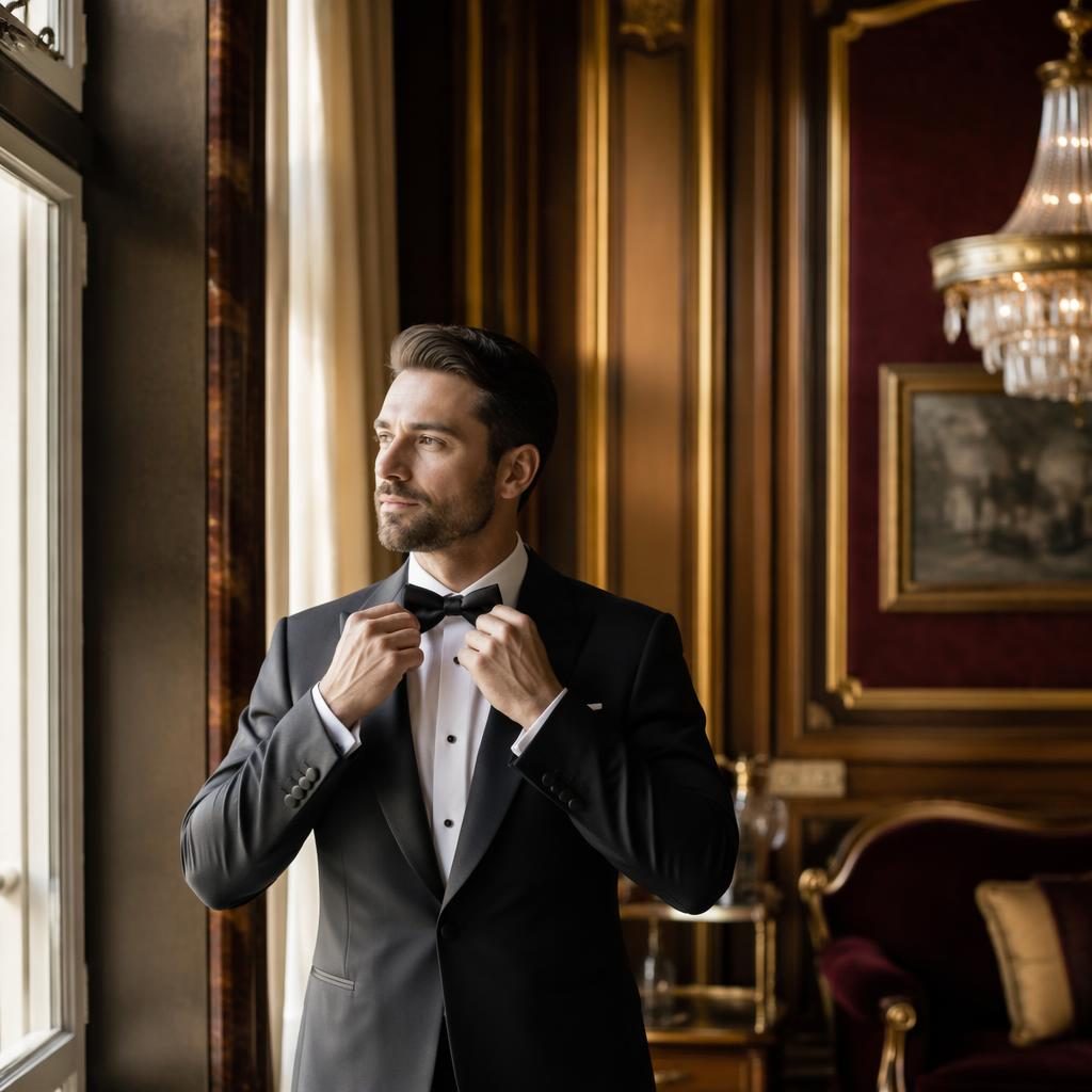 Bräutigam beim Fertigmachen in minimalistischem Wüsten-Setting mit Art-Déco-Gatsby-Ballsaal, Burgunder und Gold.