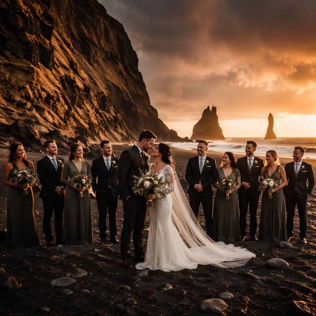 Grupo de boda posando en un salón elegante con luz cálida de atardecer, estética oscura y detalles inspirados en arena negra islandesa.