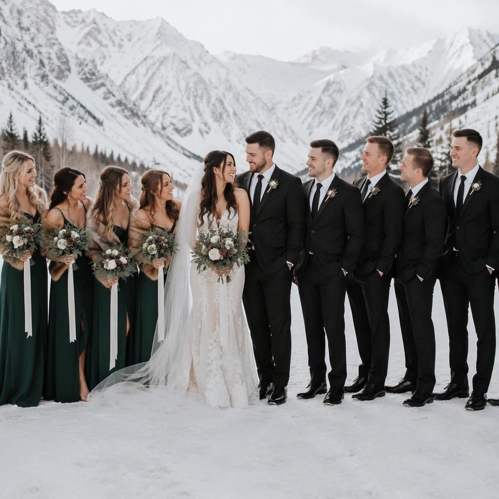 Wedding party posing outdoors in a snowy alpine backyard setting with autumn-toned florals, natural light, and film style.
