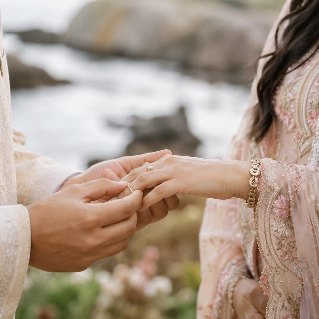 Close-up of hands exchanging rings at a cliffside ocean wedding, with soft blush and cream tones in natural spring light.
