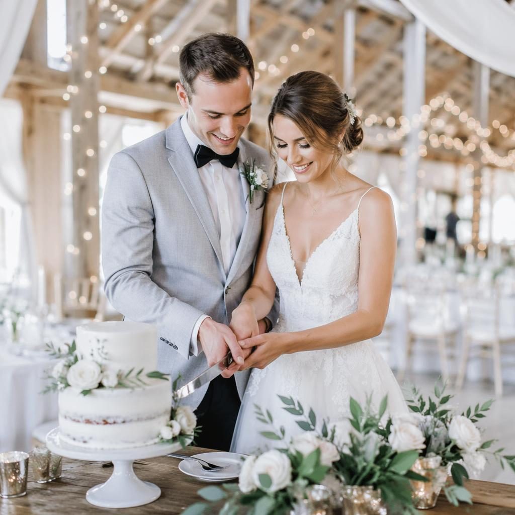 Bride and groom cutting wedding cake on a beach, light airy style, icy winter tones, rustic barn fairy lights