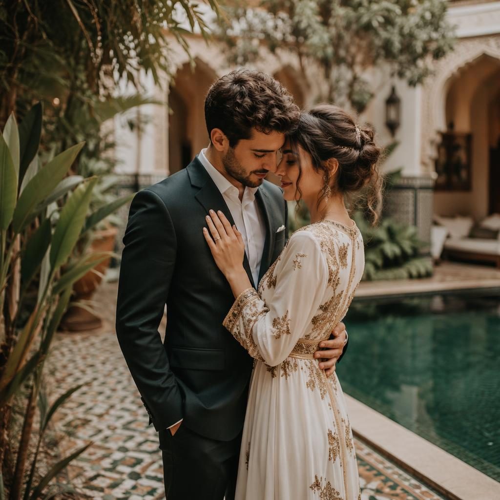 Novia preparándose en un patio de riad marroquí, con luz natural, tonos esmeralda y bronce y ambiente editorial