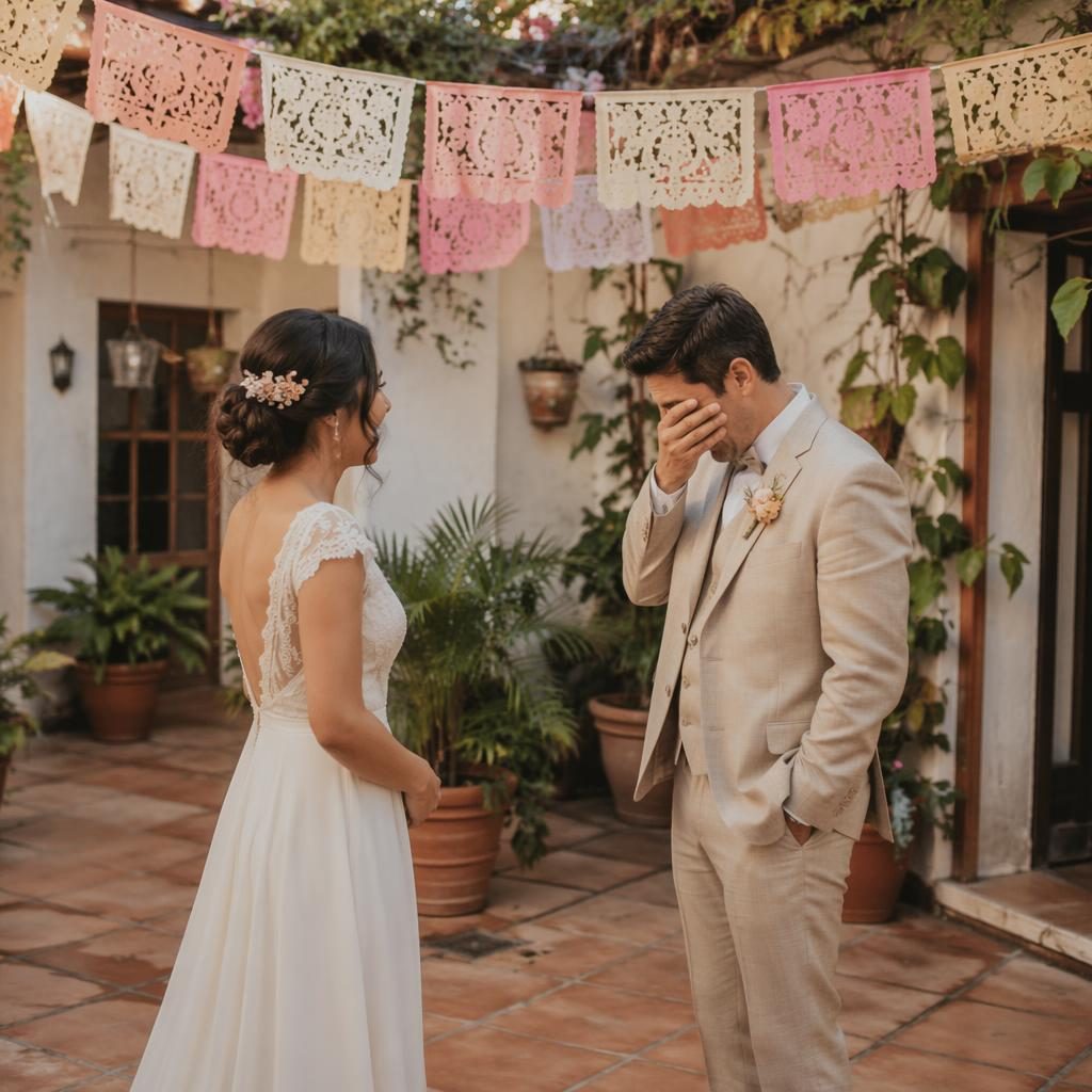 Couple découvrant sa tenue de mariage dans un jardin intime, décor hacienda mexicaine et papel picado, lumière naturelle.