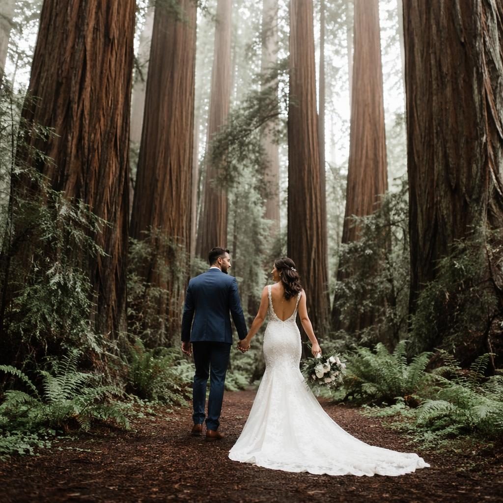 Brautpaar-Porträt in einem Redwood-Waldhain im Winter, helle natürliche Farben, elegante Hochzeitsfotografie