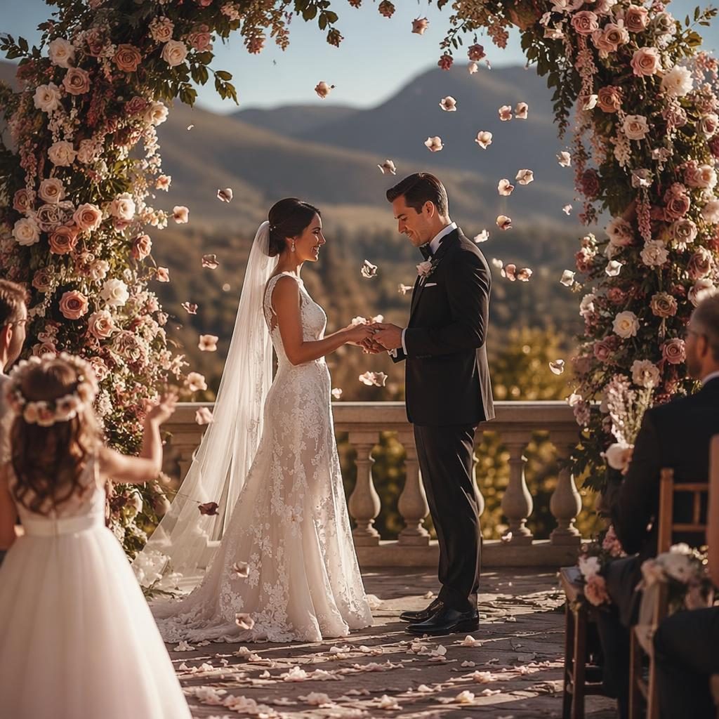 Flower girl tossing petals during a mountain wedding ring exchange in late summer, with dusty rose floral styling.