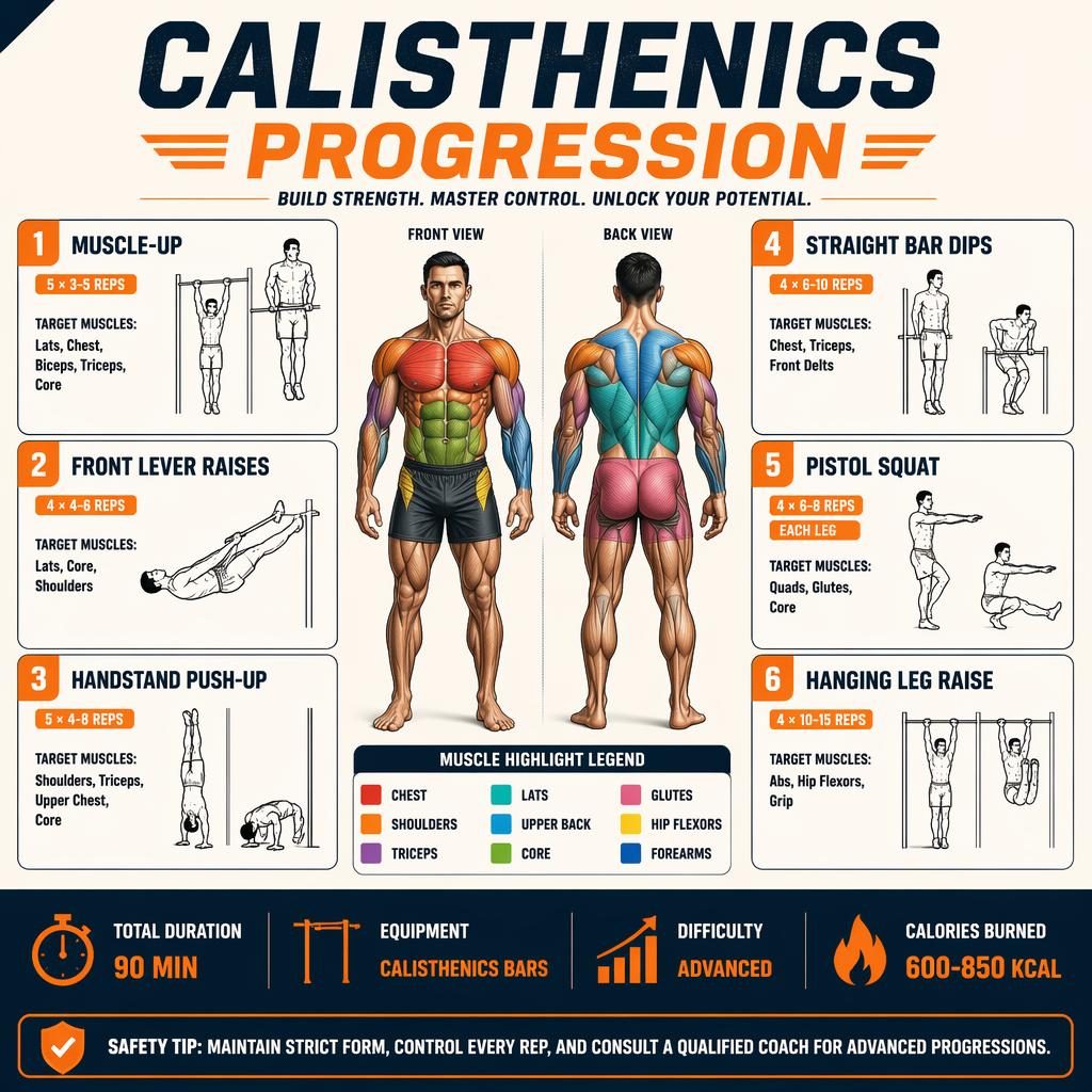 Infographie fitness routine de gym avec figure athlétique recto verso, muscles colorés et 6 exercices de calisthenics.