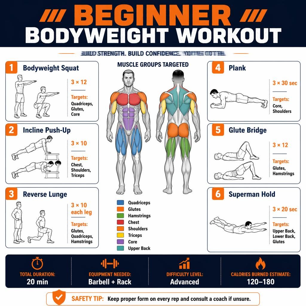 Fitness infographic with muscle map and 6 exercise cards around an anatomical figure in orange and navy editorial style.