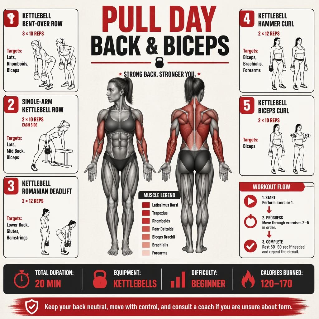 Fitness infographic with female front and back anatomy, pull day kettlebell exercises, muscle highlights, stats, and safety tip.