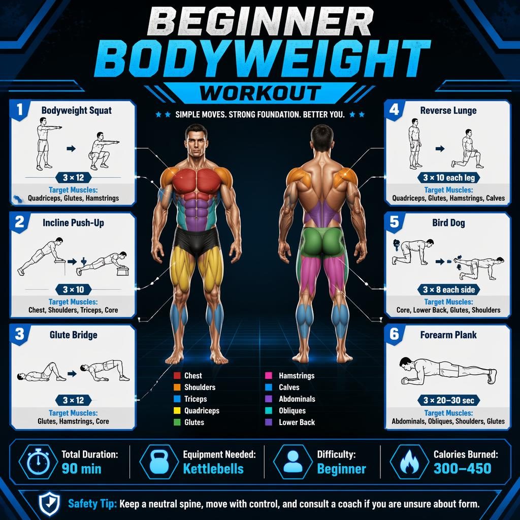Blue beginner bodyweight workout infographic with human muscle map, 6 exercise cards, stats strip, and safety tip.