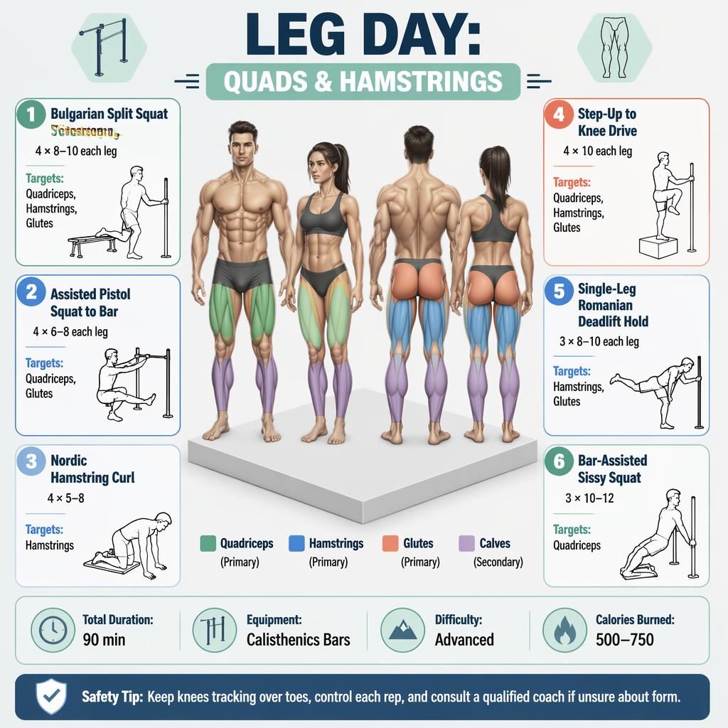 Leg day workout infographic with male and female anatomy, highlighted quads, hamstrings, glutes, calves, and 6 exercises