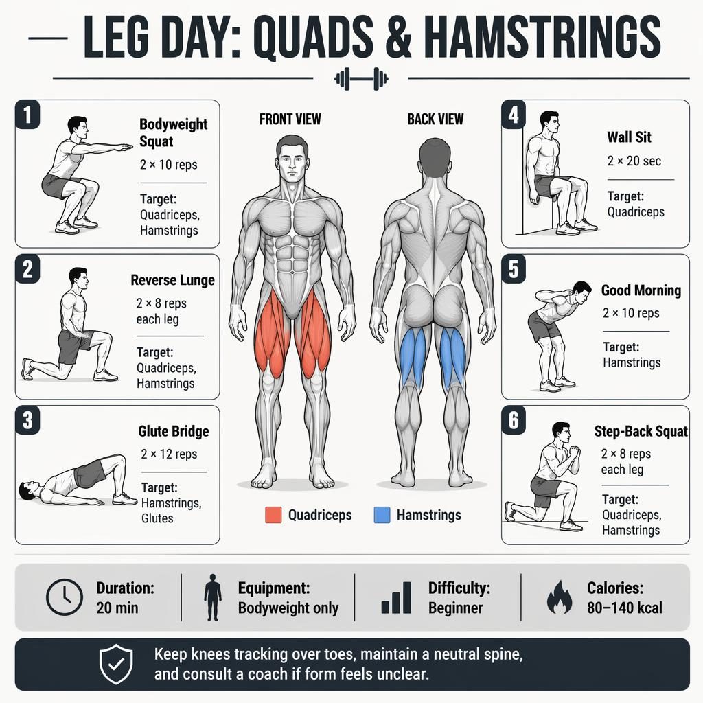 Minimal leg day workout infographic with front and back anatomy figure, 6 exercise cards, stats strip, and safety tip.