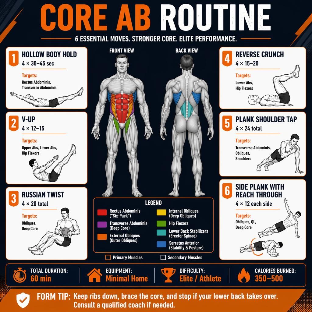 Workout infographic poster with front and back anatomy, 6 core exercise cards, legend, stats strip, and safety tip.