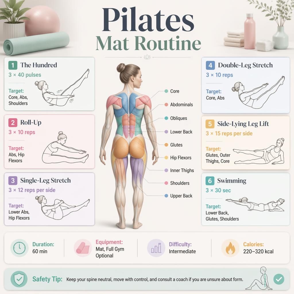 Pilates mat routine infographic with anatomical figure, 6 exercise cards, muscle highlights, quick stats, and safety tip.
