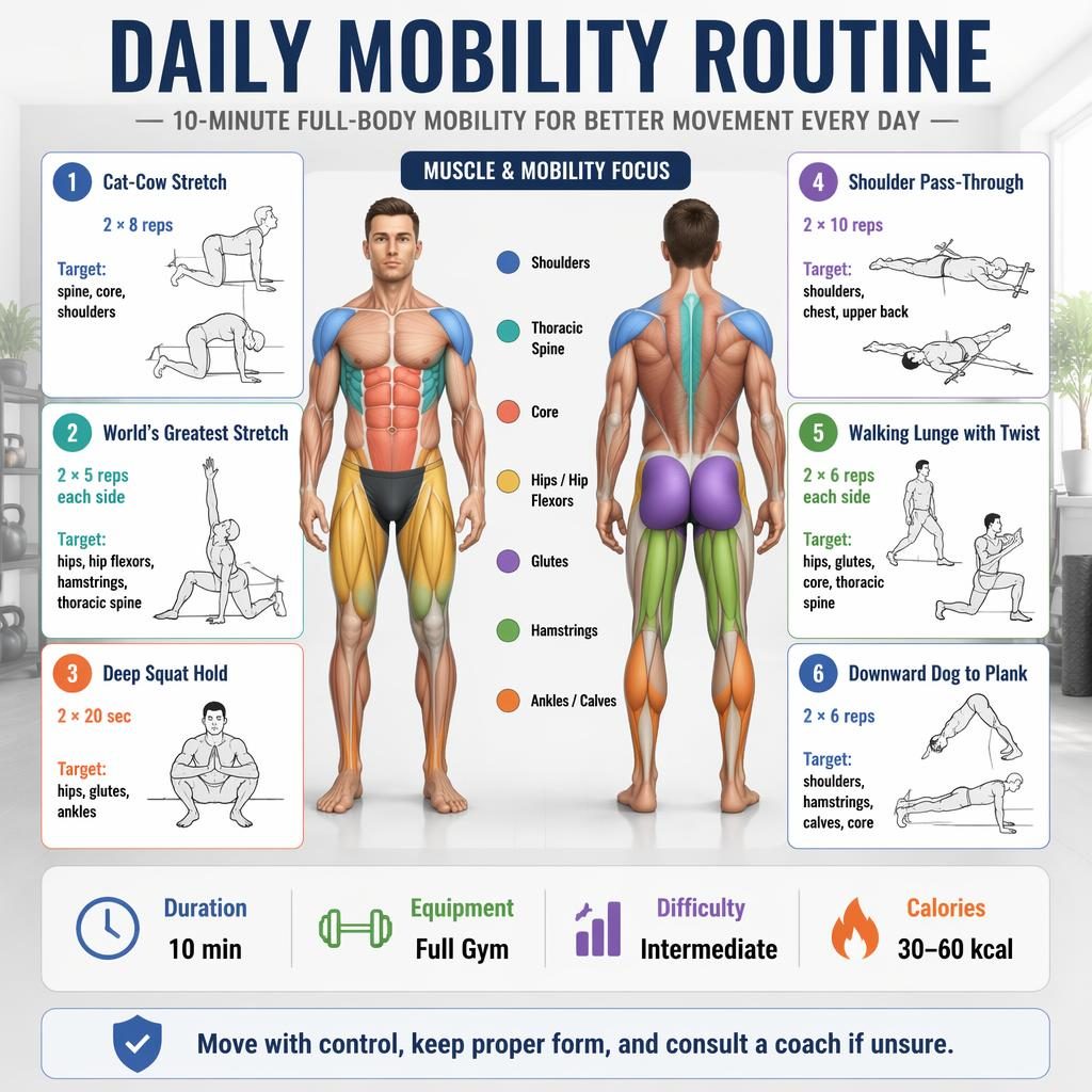 Fitness infographic with front/back human figure, highlighted mobility muscles, 6 exercise cards, and quick stats.