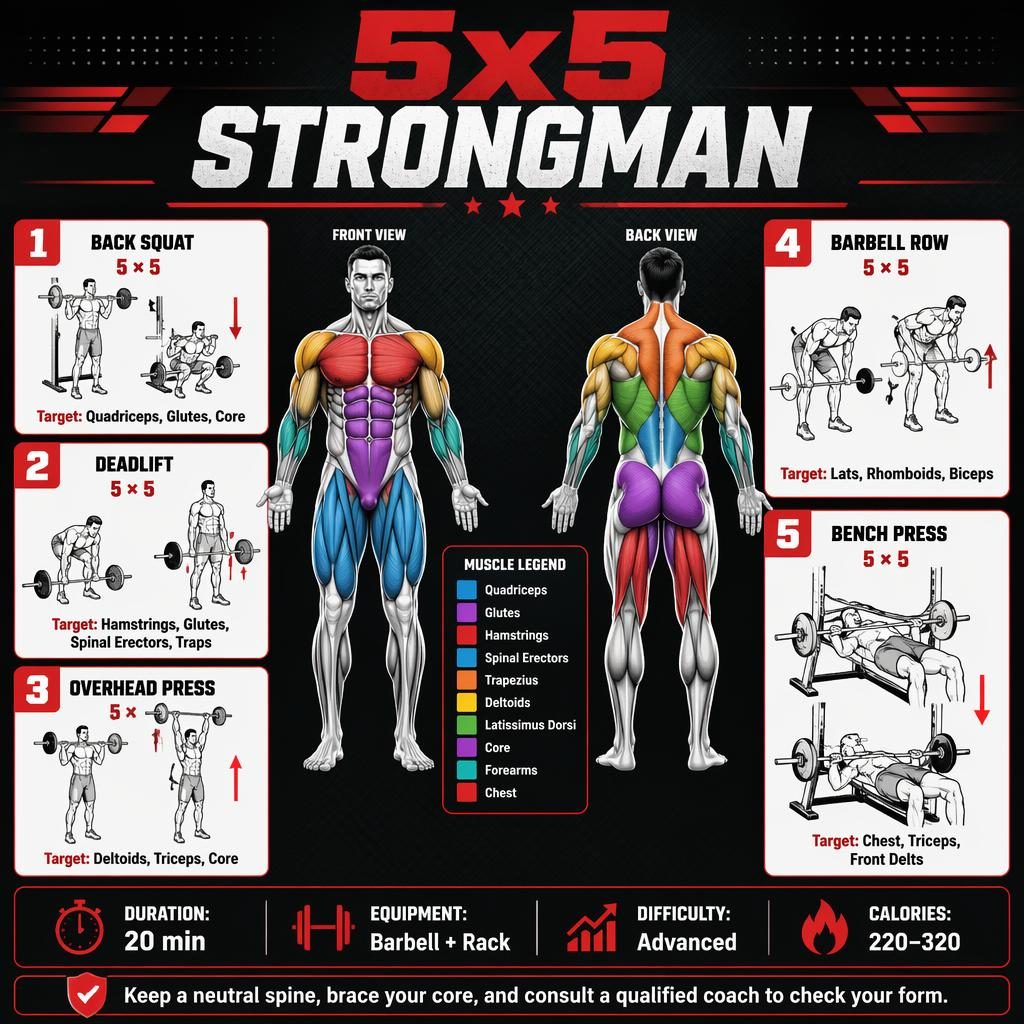 5x5 Strongman workout infographic with front and back anatomy figure, 5 exercise cards, muscle highlights, and stats.