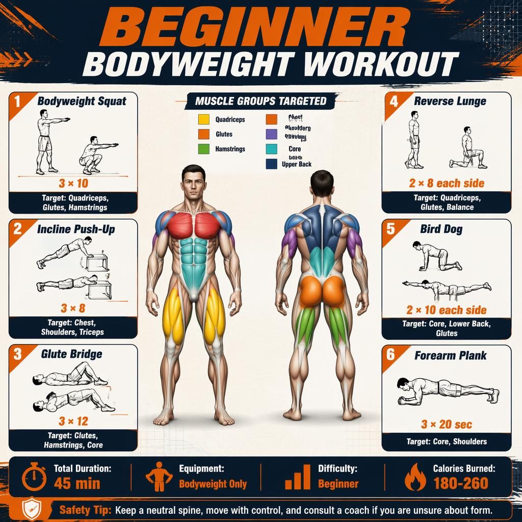 Beginner bodyweight workout infographic with front and back anatomy figure, 6 exercise cards, and quick stats in orange and navy.