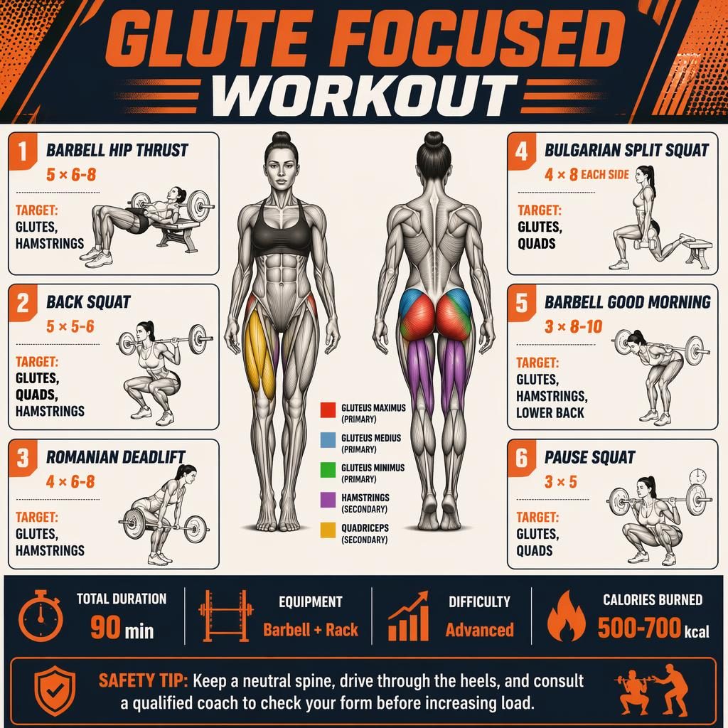 Modern workout infographic with front and back anatomy, 6 glute exercises, stats strip, and safety tip in orange and navy.