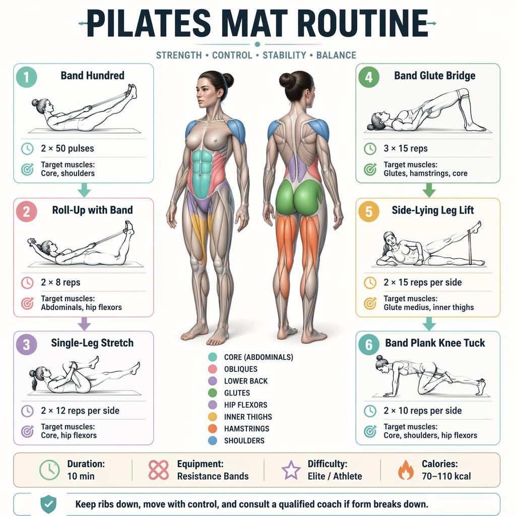 Isometric 3D Pilates mat routine infographic with anatomical figure, 6 exercise cards, muscle highlights, stats strip, and safety tip.