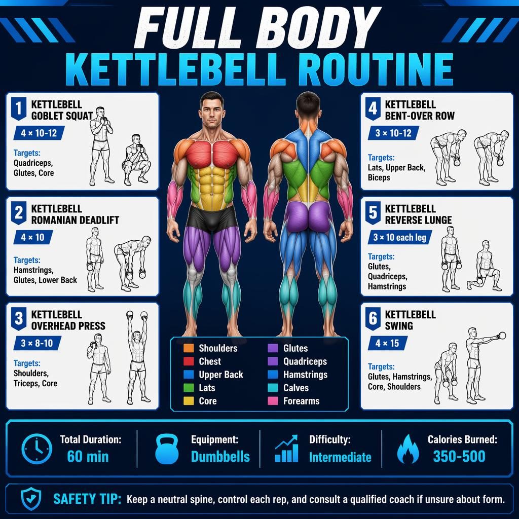 Blue fitness infographic with front and back anatomy figure, highlighted muscles, and 6 kettlebell exercise cards.