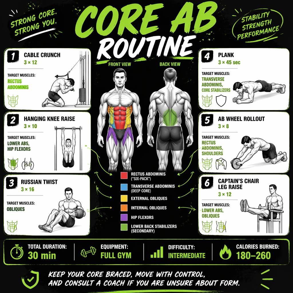 Neon green and black core ab routine infographic with front and back anatomy figure and 6 numbered exercise cards.