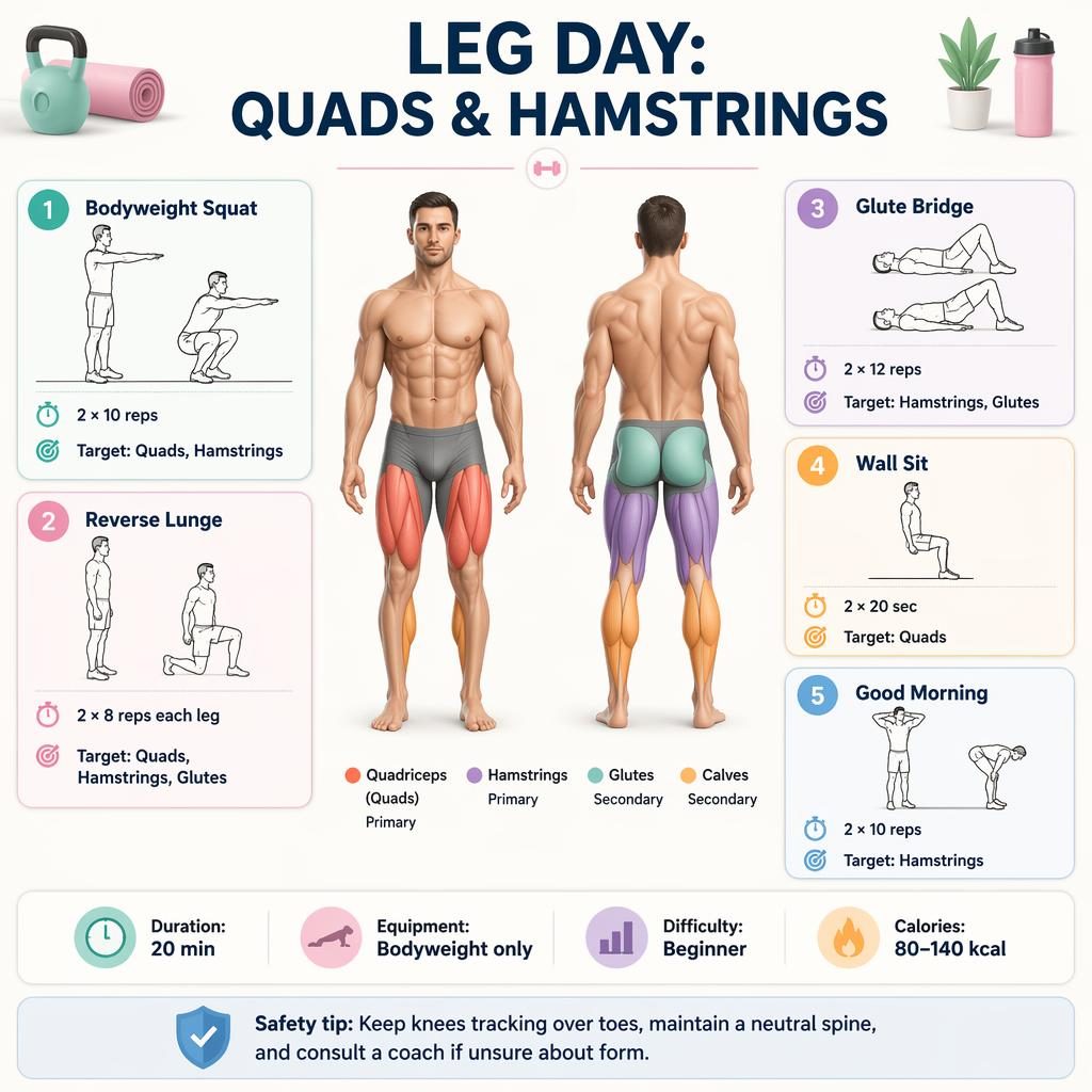 Leg day workout infographic with front and back muscle figure, 5 exercise cards, quick stats, and safety tip in pastel colors.