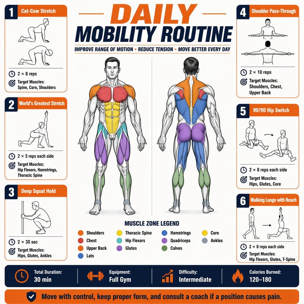 Full-page fitness infographic with front-and-back anatomy figure, 6 mobility exercise cards, stats strip, and safety tip.