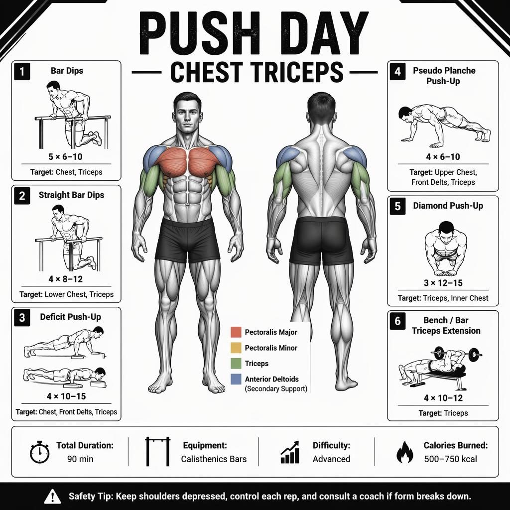 Minimal workout infographic with front and back anatomy figure, highlighted chest and triceps, and 6 push day exercise cards.