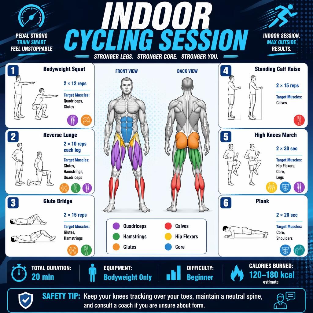 Indoor Cycling Session workout infographic with front and back anatomy figure, 6 exercise cards, muscle highlights, and stats.