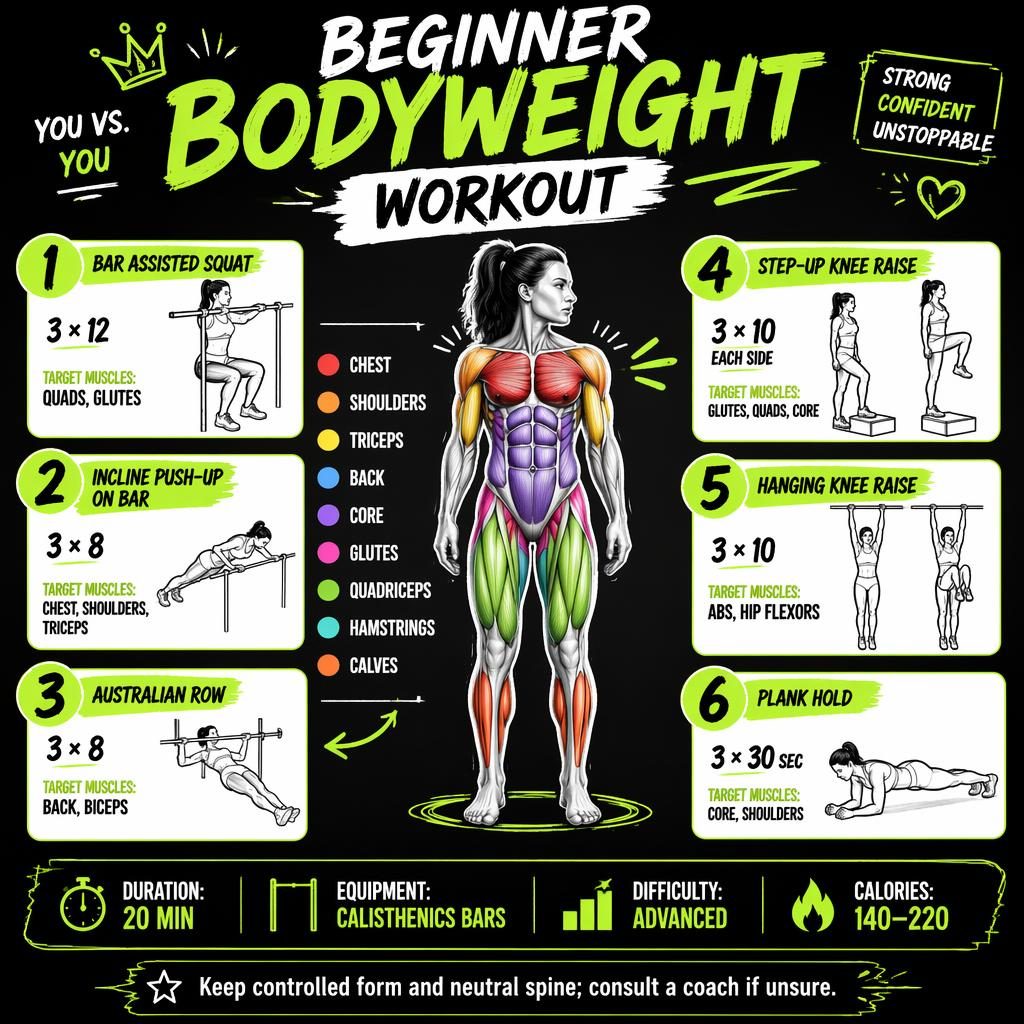 Beginner bodyweight workout infographic with female anatomy figure, 6 exercise cards, muscle highlights, and stats strip.