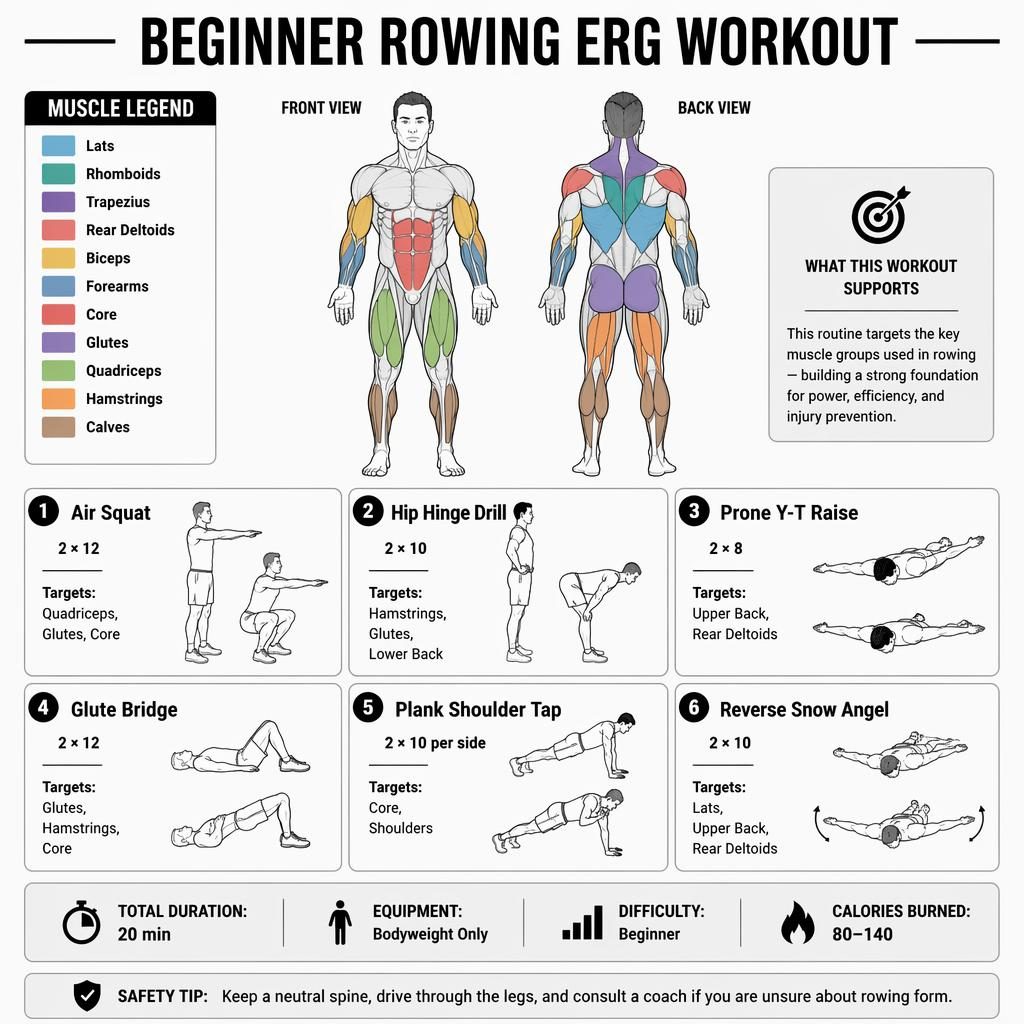 Monochrome workout infographic with front and back anatomy, 6 beginner exercises, muscle highlights, stats, and safety tip.