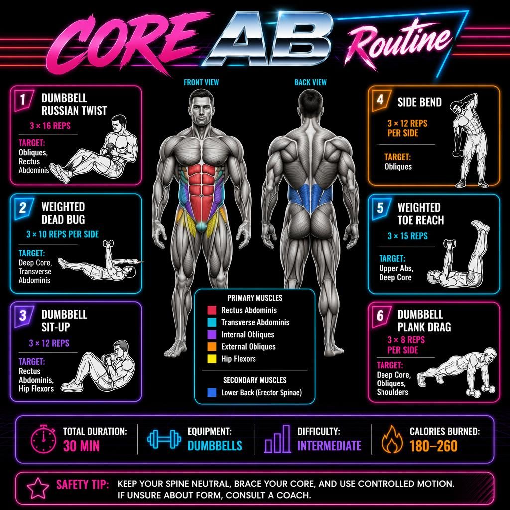 Retro neon workout infographic showing a core ab routine with anatomy figure, 6 exercise cards, stats strip, and safety tip.