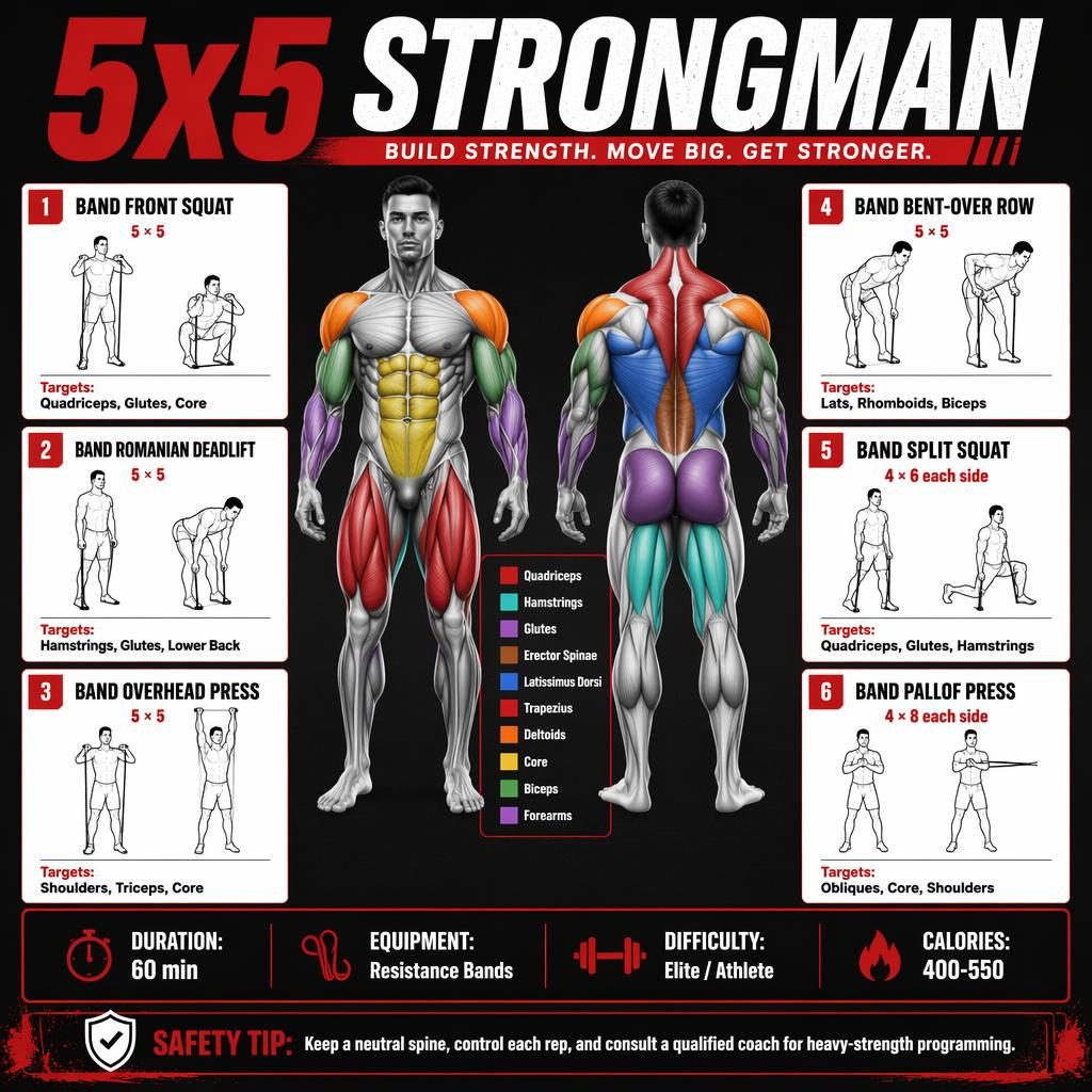 Workout infographic with front and back anatomy figure, 6 resistance band exercise cards, stats strip, and safety tip.